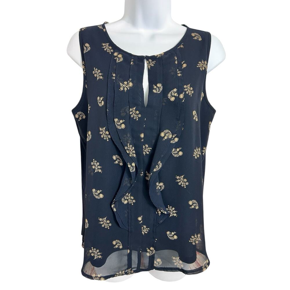 Ann Taylor Navy Floral Blouse Sz Small Sleeveless Keyhole Neckline Ruffled Front - Picture 3 of 5